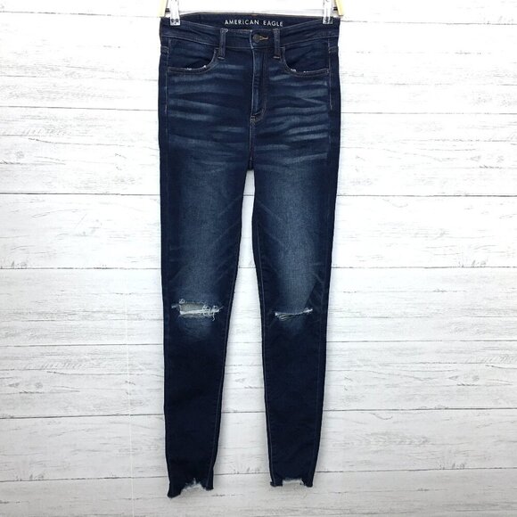 American Eagle Jeans Next Level Stretch Jeggings Super High Rise Distressed 2L - Picture 1 of 9
